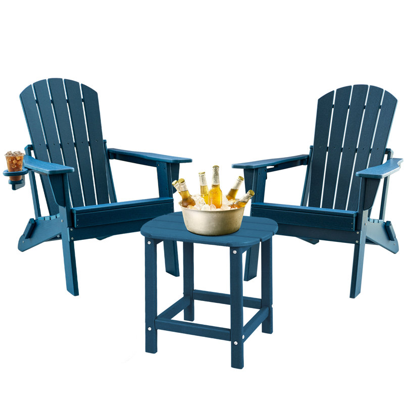 3-Piece Folding Adirondack Chairs With Side Table, HDPE Plastic Outdoor Chairs With Cup Holder- 400Lbs & Weather Resistant For Fire Pit, Deck, Patio, Pool, Backyard
