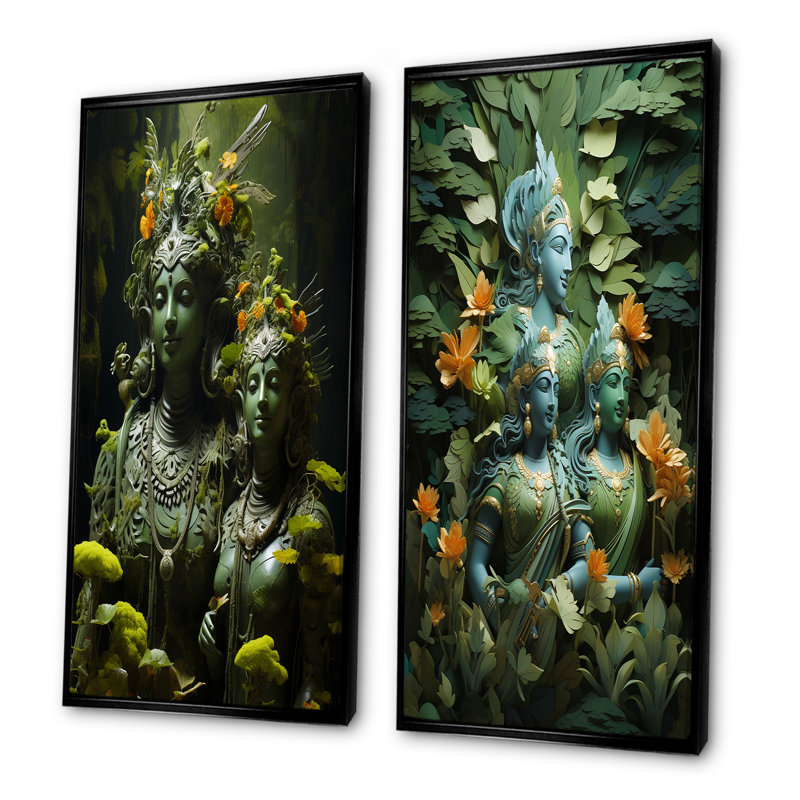 Hindouisme Ramas forêt spirtuelle - ensemble de 2 reproductions d'art mural, Cadre noir, H 28 po x l 25 po