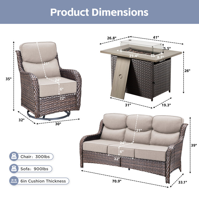 Outdoor Patio Wicker Sofa Conversation Set With Swivel Chairs And Fire Pit Table, Beige, Brown