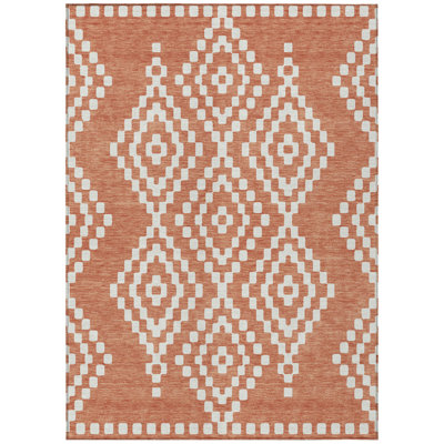 5' X 8' Salmon And Ivory Geometric Washable Indoor Outdoor Area Rug