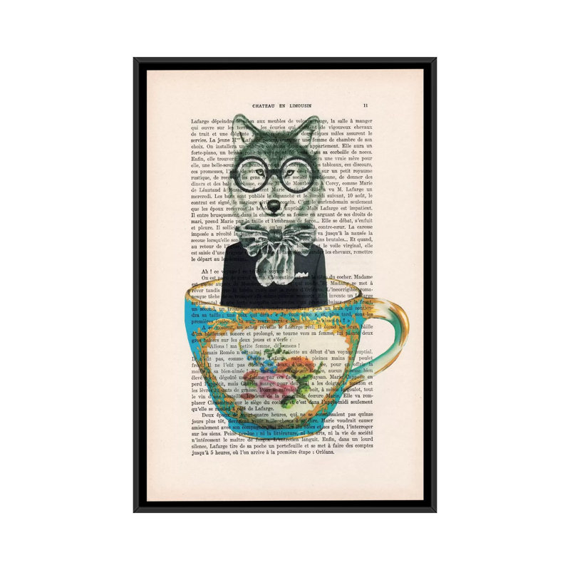 «Vintage Paper Series: Fox in a Cup», impression sur toile, H 26 po x l 18 po x P 1,5 po, Pas de tapis, Toile avec cadre noir