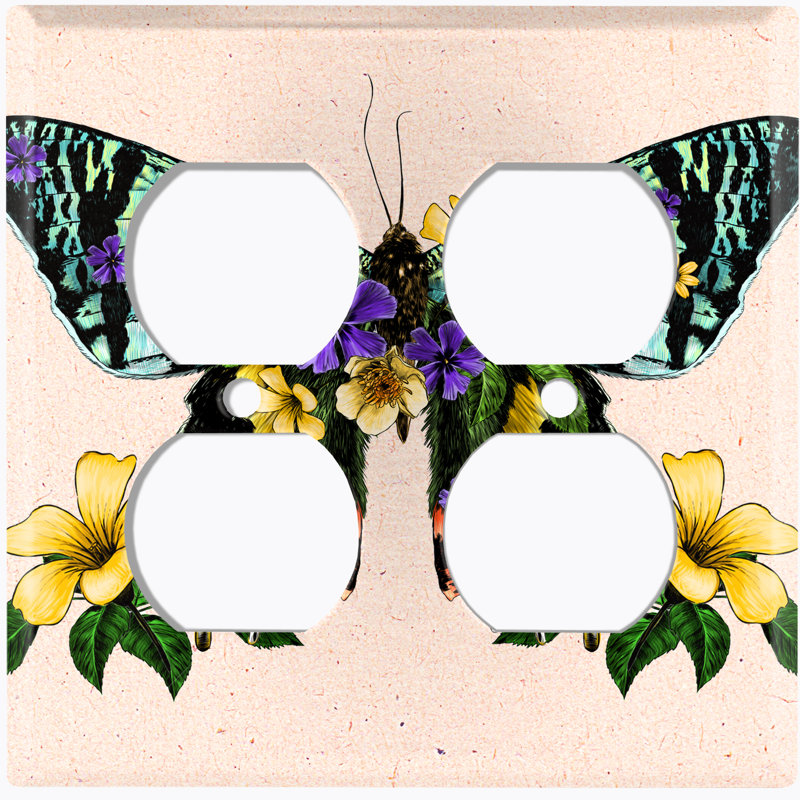 Metal Light Switch Plate Outlet Cover (Green Butterfly Yellow Flowers    - Single Toggle)