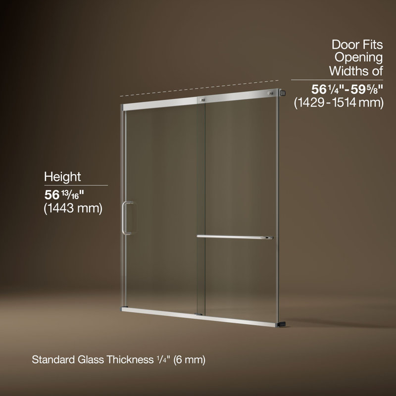 Elate Sliding Bath Door, 56-3/4-In H X 56-1/4 - 59-5/8-In W, With 1/4-In Thick Crystal Clear Glass, Silver/Clear