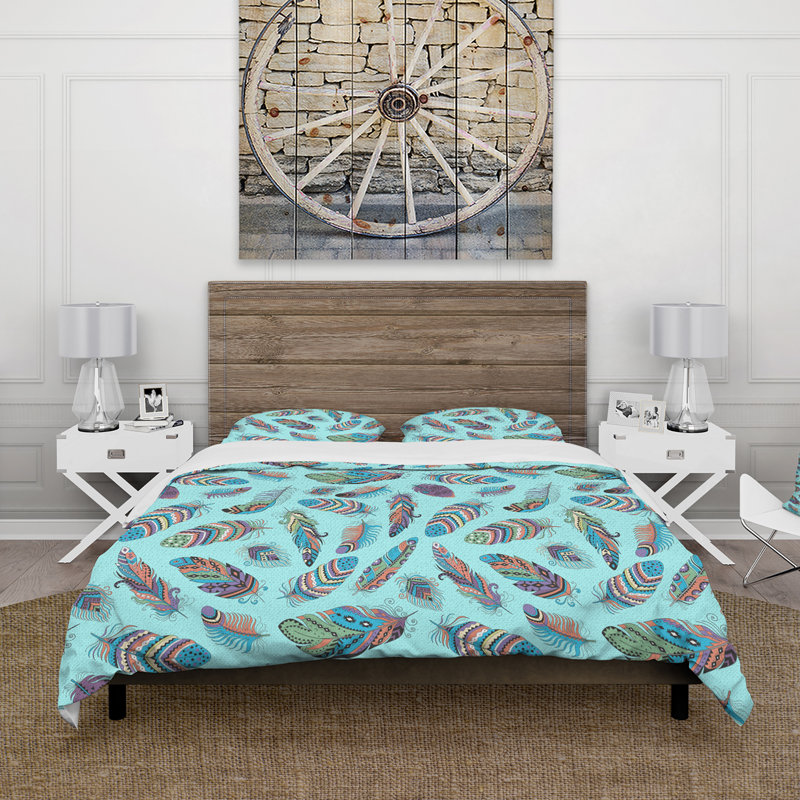 Ensemble de housse de couette bohémien Blue Hippie Boho Feathers - Microfibre polyester, Vert