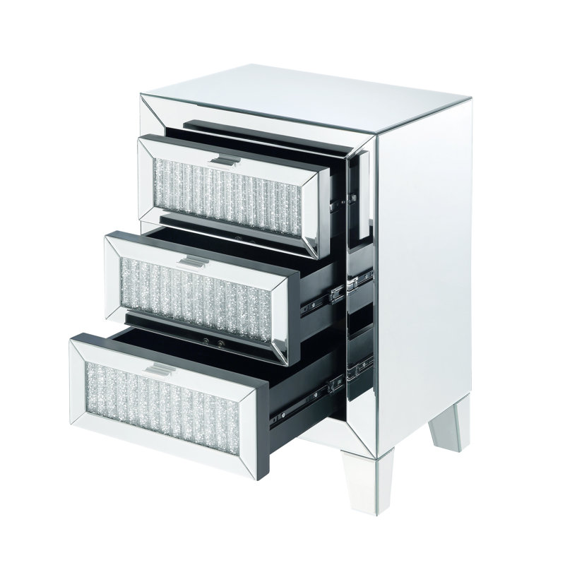 Noralie Mirrored Glass 3-Drawer Nightstand with Faux Diamond Inlay