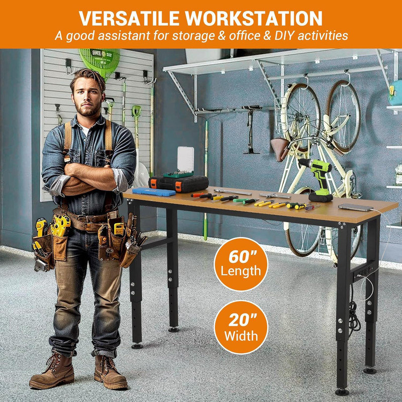 Établi 60 po à hauteur réglable avec prise de courant, table de travail robuste de 2000 lb pour le garage