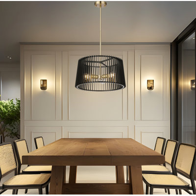 3-Light Black- Brass Louvered Drum Shade Pendant Lamp
