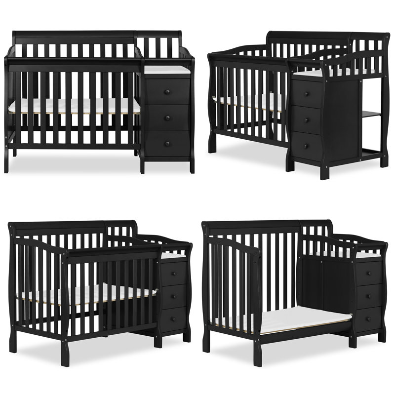 Black New Zealand Pinewood 4-in-1 Convertible Mini Crib with Changer
