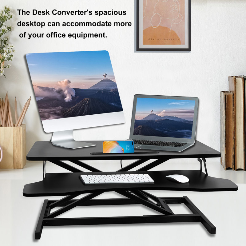 32'' Black Height Adjustable Standing Desk Converter with Keyboard Tray