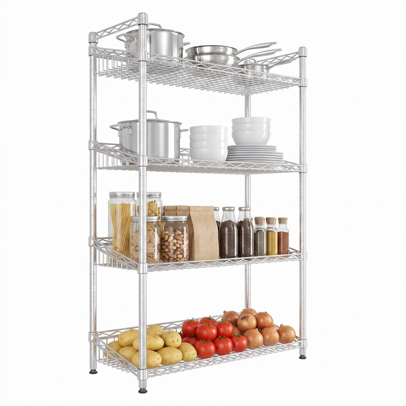 4-Tier Chrome Wire Basket Shelving Unit, Adjustable Steel Storage Rack