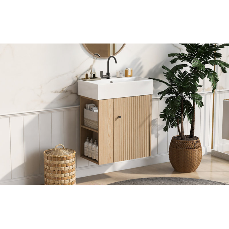 Meuble-lavabo flottant avec vasque en céramique et rangement à gauche, armoire d'appoint, Bois