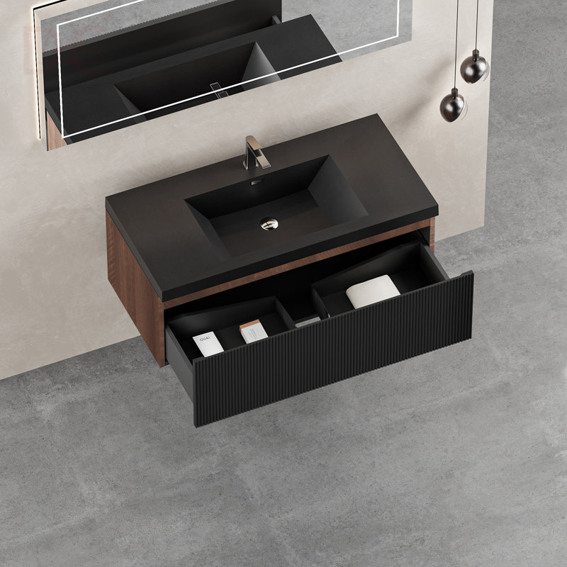Meuble-lavabo mural de 36 po avec lavabo à fixation murale rayé avec tiroirs à fermeture en douceur et lavabo à quartz noir, entièrement assemblé