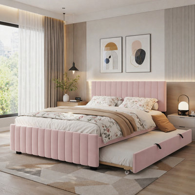 Queen Velvet Upholstered Platform Bed with Twin XL Trundle, Upholstered Bed Frame with Headboard and Wood Slat Support, No Box Spring Required