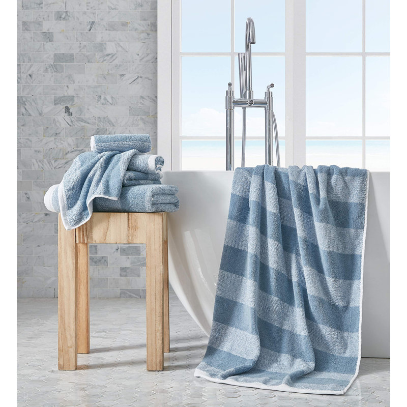 Blue Striped Cotton Coastal Hand Towel Set, 6 Pieces