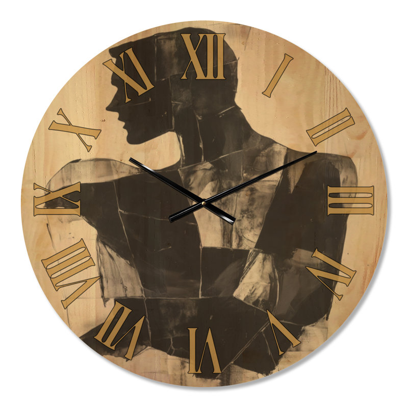Horloge murale ronde moderne noire à motif silhouette fracturée, imprimée sur bois, Large