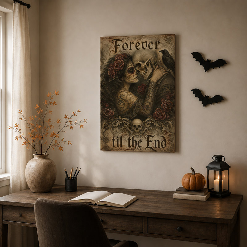 «Sugar Skull Woman and Skeleton with Roses in Halloween», art mural sur toile, H 18 po x l 12 po