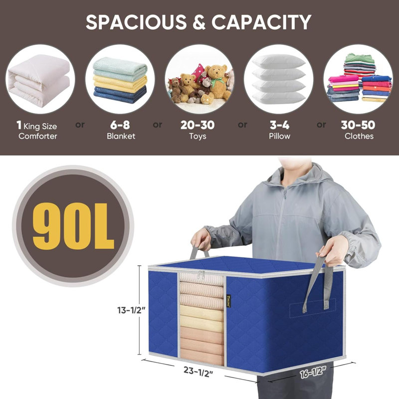 3 Pack Clothes Storage Bags, 24 Gallon Storage Containers With Reinforced Handle Sturdy Zipper, Closet Storage For Blanket Comforter Pillow Bedding