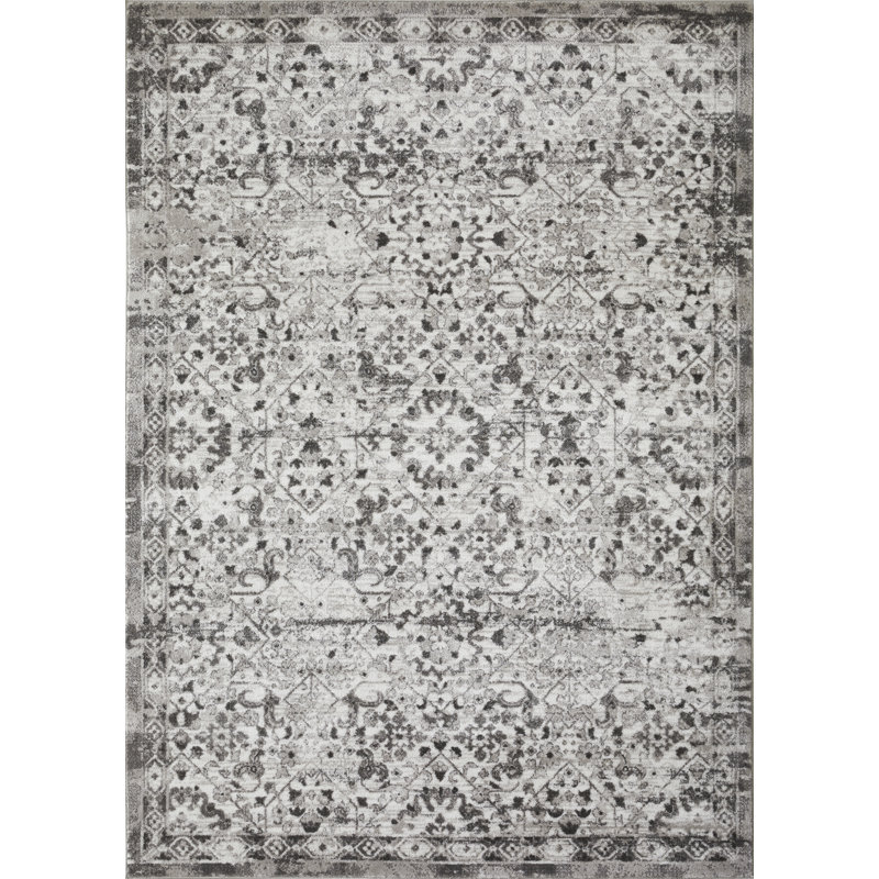 Tapis oriental gris en polypropylène tissé à la main Ragheb, Rectangle 6 pi 7 po x 9 pi 2 po