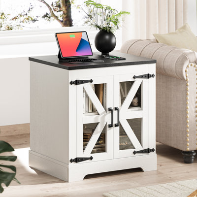 Farmhouse Nightstand With Charging Station, Night Stand Side Table With Storage Cabinet, End Table With Adjustable Shelf, Side Tables Bedroom by Gracie Oaks