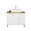 Ensemble de lavabo 36 po, 2 portes et 2 grands tiroirs, système à clous doux, conception sans poignée, plateau et pieds en bois massif naturel, lavabo carré en céramique sur le comptoir, blanc brillant