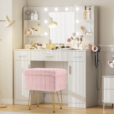 Lumina Makeup Vanity Desk Stool Set with LED Lighted Mirror & Power Outlet & 3 Drawers, 2 Cabinets by Ebern Designs