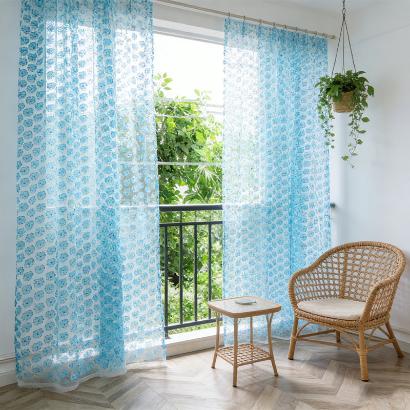 2 Pcs Vintage Curtains Sheer Panels, Rose Flower Semi Sheer Window Covering, Light & Airy Privacy Sheer Panels for Bedroom Living Room Patio Glass Door,Blue * 2 pack