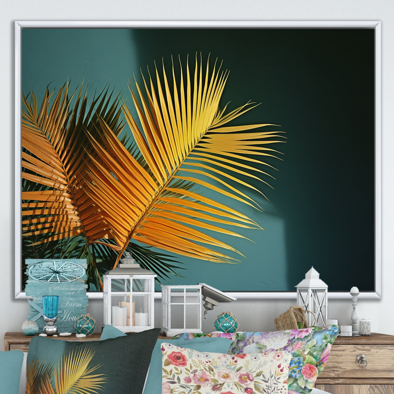 «Yellow Palm Trees Bouquet Still Life» sur toile, Cadre flottant blanc, H 34 po x l 44 po x P 1,5 po