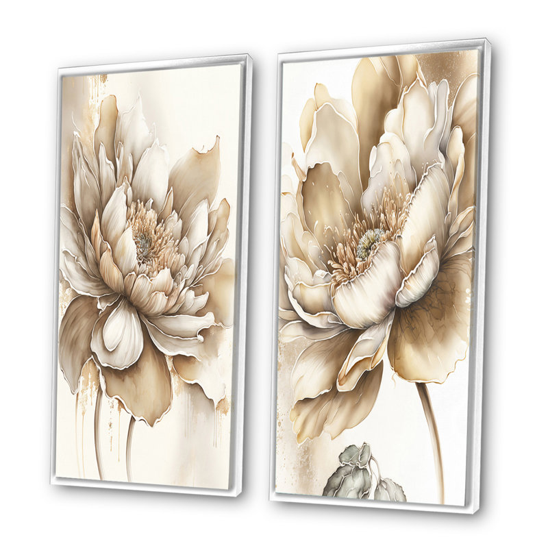 «Indigold Beige Flower III», 2 pièces sur toile, Cadre blanc, H 20 po x l 24 po