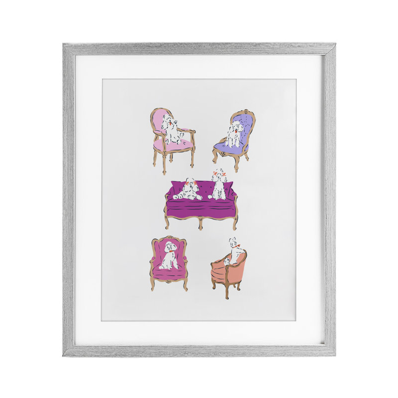 «French Chairs and Poodles», reproduction sous verre encadrée, design par Krissy Mast, Cadre de ferme gris, H 16 po x l 13 po