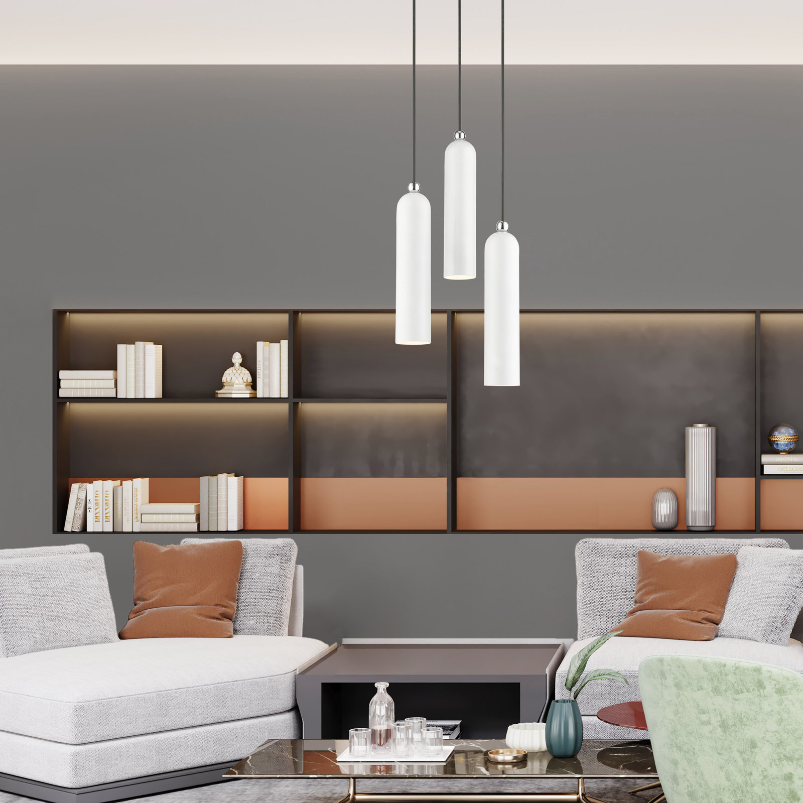 Halle 3 Light Metal Dimmable Pendant, Shiny White