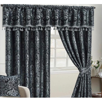 Jacquard Floral Curtains with Pencil Pleat, Matching Pelmet and Tiebacks Blackout Light Blocking, 