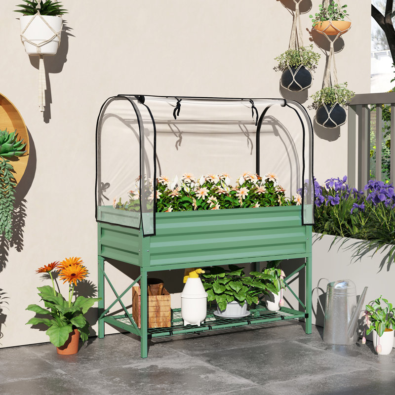 Green Galvanized Steel Raised Garden Bed with Cover and Storage Shelf