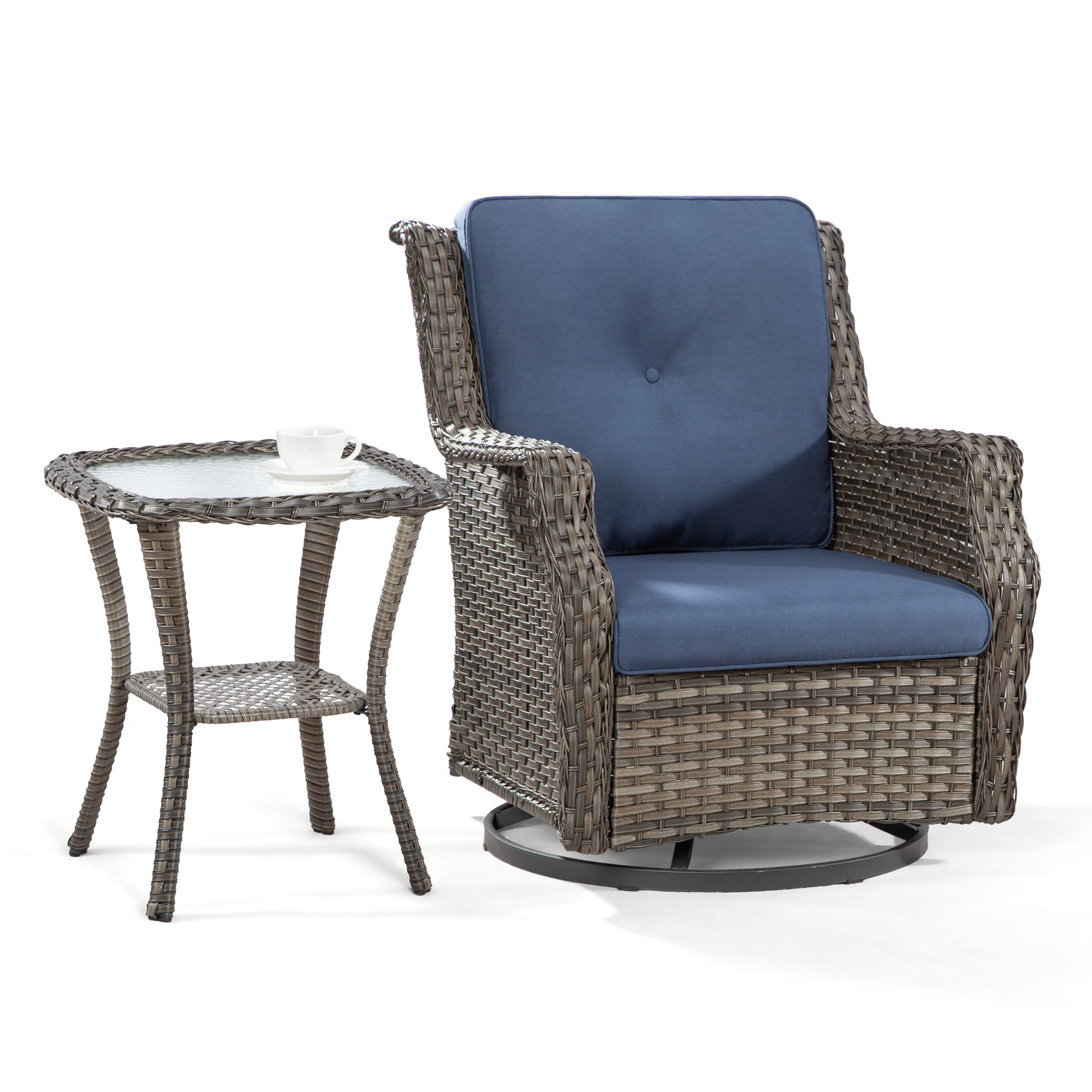 Eske Swivel Recliner Patio Chair with Cushions Corrigan Studio Color: Brown Frame/Blue Cushion