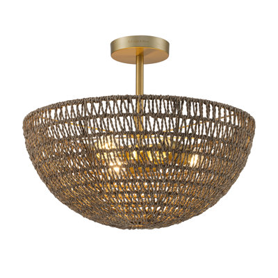 Luna 3-Light Large Dome Shade Seagrass Semi Flush Mount Coastal Ceiling Light In Brass