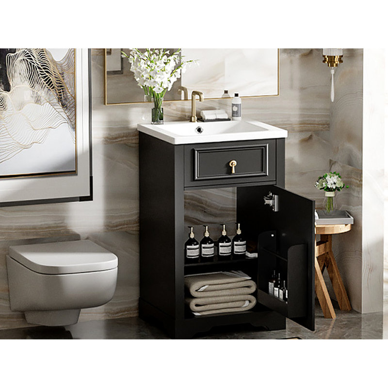 Meuble-lavabo de 20 pouces avec lavabo en céramique, aménagement compact et tablette réglable pour un espace organisé, Noir