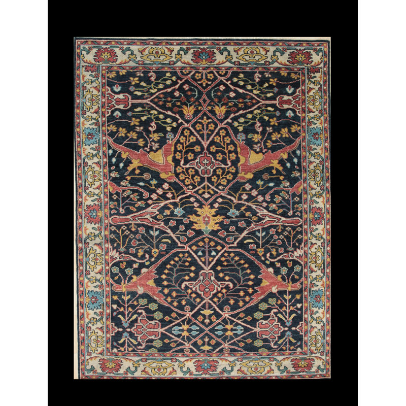Tapis oriental en laine noué à la main bleu marine, Rectangle de 10 pi x 14 pi