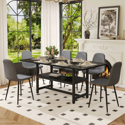 Ensemble de table et de chaises 71 x 35,4 pouces à grain de bois noir épissé avec fonction de rangement au milieu des pieds de la table.