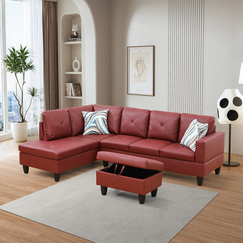 Ronan Faux Leather L-Shaped Sectional Sofa With Chaise And Storage Ottoman, Left Hand Facing, Red