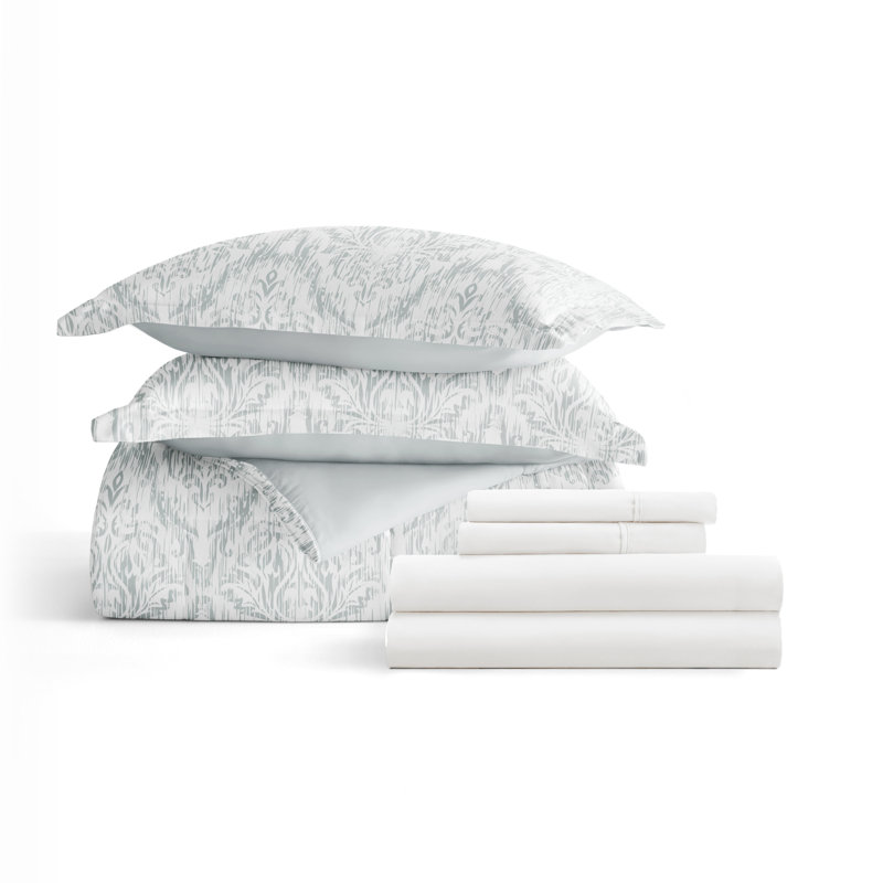 7-Piece Bedding Bundle - Pattern Comforter and Sheet Set, Full Comforter + 1 Additional Piece, Blue Damask