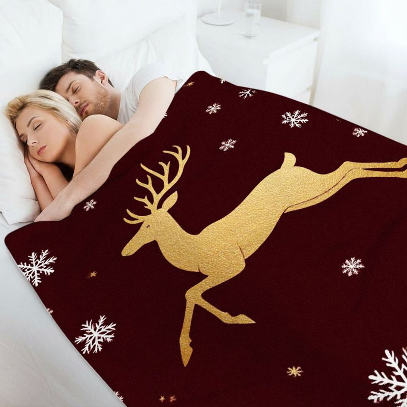 Couverture de flanelle de flocons de neige 1Pc Golden Reindeer, design de vacances élégant et chaleureux, jeté décoratif confortable pour canapé / lit / voyage 30 * 40
