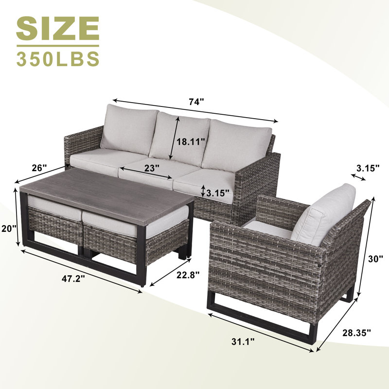 Nazime 6 - Pieces Outdoor Patio Sofa Seating Group with Ottomans and Cushions, Beige/Gray