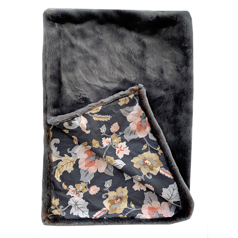 Jeté de luxe à deux tons gris/ambre fabriqué à la main avec revers floral Plutus, l 90 po x L 108 po