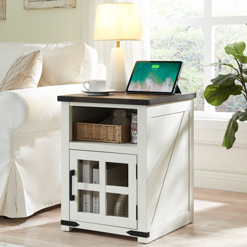 Table de bout ferme 24 po avec station de charge rustique 24 po, Blanc, Brun