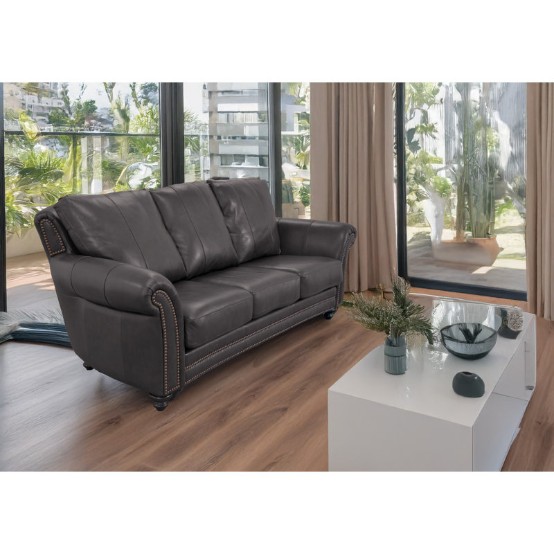 Stephie 90" Genuine Leather Rolled Arm Sofa, Berkshire Charcoal Genuine Leather
