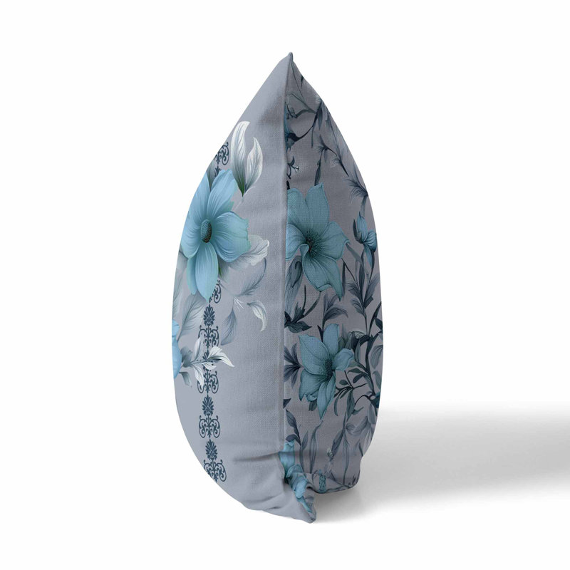 Coussin décoratif réversible intérieur / extérieur Petal Perfection, H 26 po x l 26 po, Floral gris / bleu