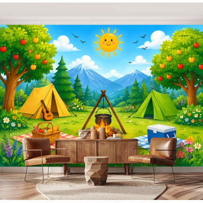 Wall Mural Peel and Stick Colorful Campsite Scene Tents Campfire Mountain Trees Large Wallpaper Self-Adhesive Removable Contact Paper Wall Decor for Living Room Bedroom Nursery 69"H x 96"W
