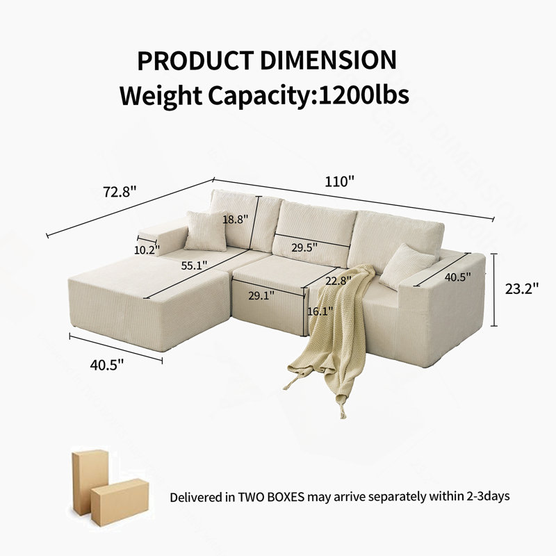 Canapé modulaire Cloud, canapé désossé, sans assemblage, 3 places avec repose-pieds et 2 coussins, parfait pour le salon et la chambre à coucher