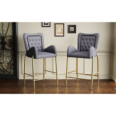 Of 2 28.75inch Counter Height Bar Stools, Gray Velvet, Golden Metal Legs And Footrest, Robust Structure, 265 Lbs Weight Capacity, Back For An Elegant Touch Stools Pair, Velvet Upholstered, Metal,