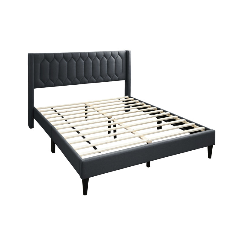 Grand lit contemporain en toile de jute gris anthracite, tête de lit élégante avec coutures en losange, base en bois rembourrée de conception moderne, sans sommier tapissier