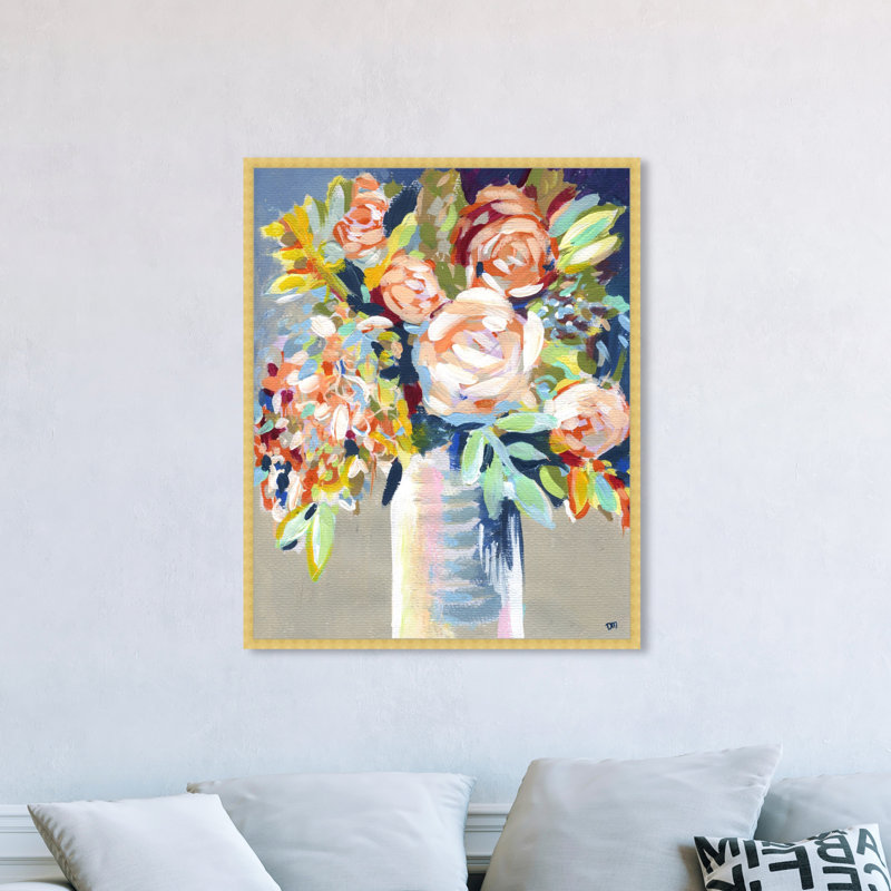 Cadre floral peint à l'orange, Cadre doré, H 47 po x l 38 po